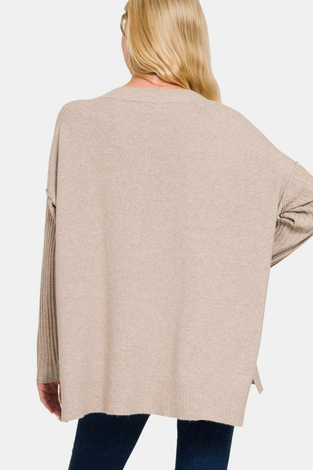 Zenana Heather Mocha Viscose Hem & Sleeve V-Neck Side Slit High-Low Sweater Trendsi