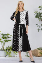 Celeste Black & White Polka Dot Front Tie Midi Dress