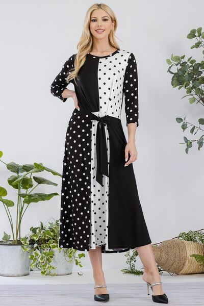 Celeste Black & White Polka Dot Front Tie Midi Dress