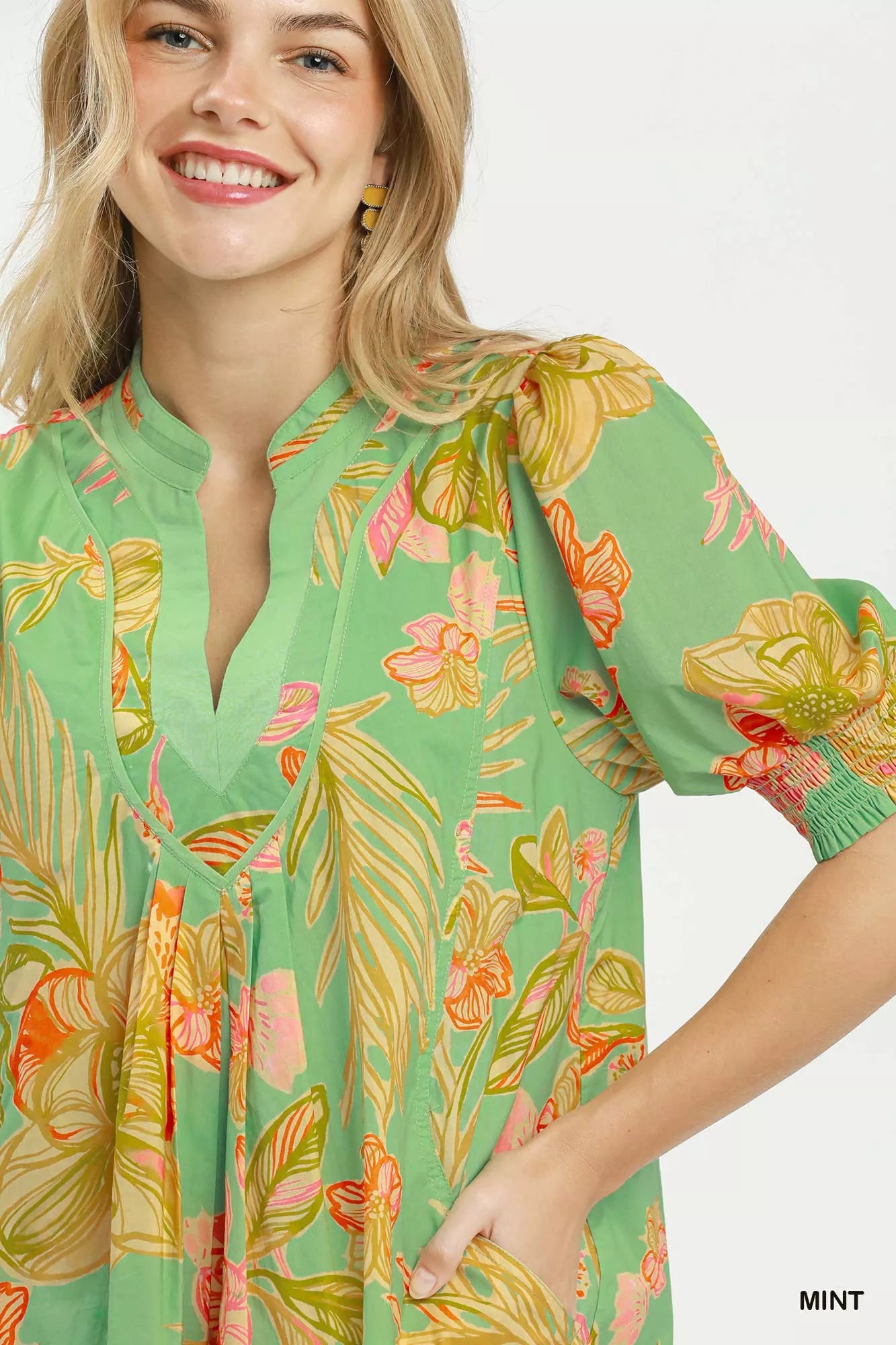 Umgee Mint Botanical Print Dress with Smocked Cuffs