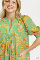 Umgee Mint Botanical Print Dress with Smocked Cuffs