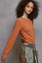 POL Dried Apricot Round Neck Long Sleeve Contrast Stitching T-Shirt with Stud Detail