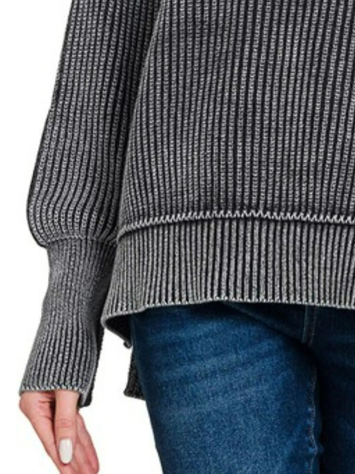 Zenana Black Washed Side Slit Oversized Sweater