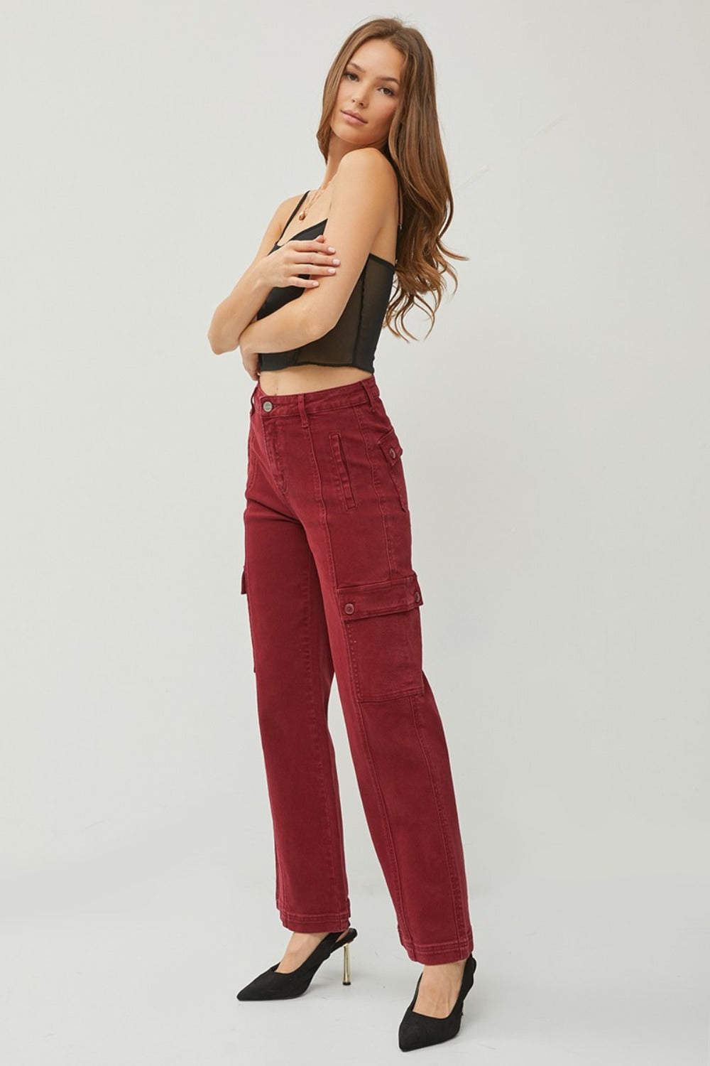 RISEN Wine Colored High Rise Wide Leg Cargo Jeans Trendsi