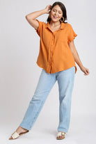 Umgee Tangerine Frayed Hem Collared Neck Short Sleeve Shirt