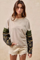 BiBi Camo Sleeve French Terry Top with Frayed Edge