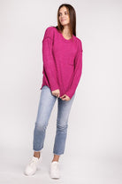 Zenana 9 Colors Melange Hi-Low Hem Round Neck Chest Pocket Sweater Shirts & Tops