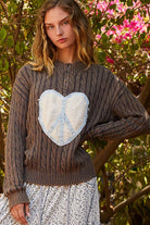 POL Dark Gray Cable-Knit Peace Patch Heart Dropped Shoulder Sweater Shirts & Tops