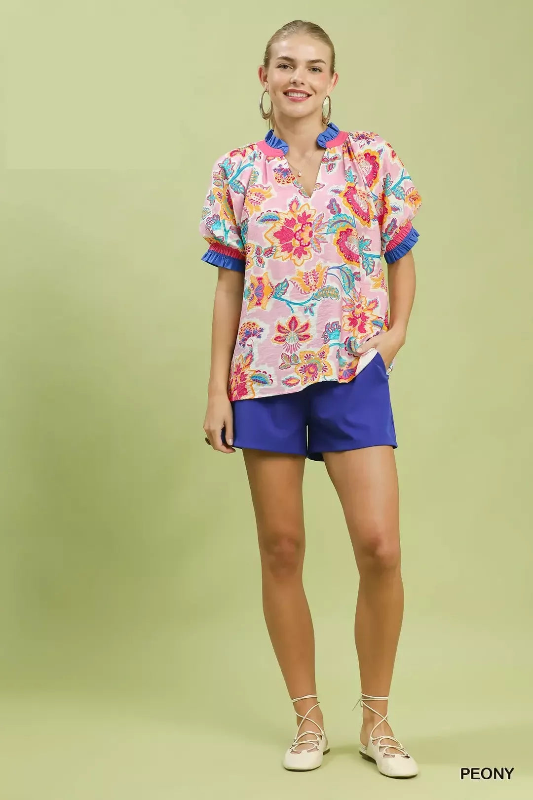 Umgee Peony Floral Print Ruffled Short Sleeve Blouse