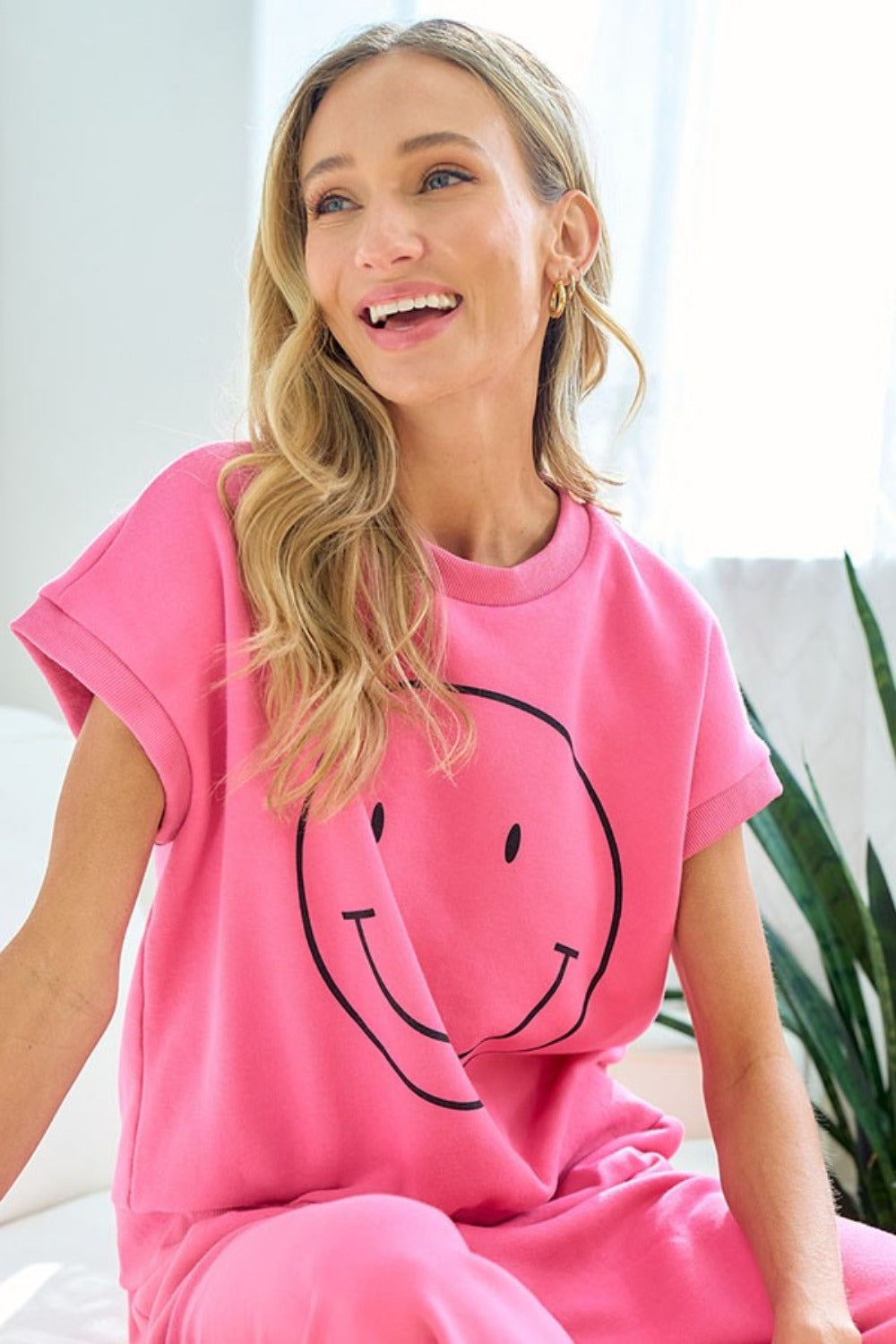First Love Smile Face Drop Shoulder Brushed Inside T-Shirt Pink Trendsi