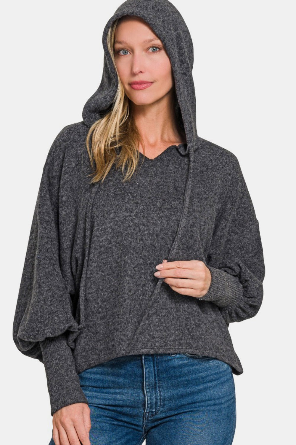 Zenana Black Brushed Hacci Drop Shoulder Cropped Hoodie Shirts & Tops