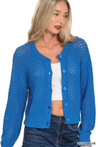 Zenana Ocean Blue Button Down Lightweight Crochet Cardigan Sweater