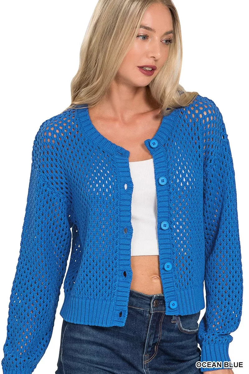 Zenana Ocean Blue Button Down Lightweight Crochet Cardigan Sweater