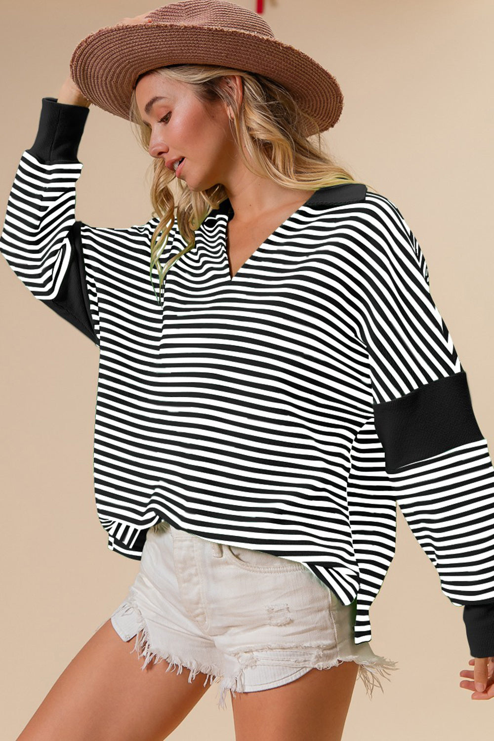 BiBi Striped Contrast Long Sleeve Knit Top Black Trendsi