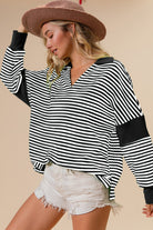 BiBi Striped Contrast Long Sleeve Knit Top Black Trendsi