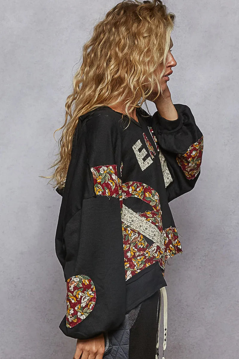 POL Olive Peace Contrast Patch Floral Long Sleeve Hoodie