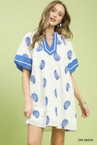 Umgee Off White & Blue Paisley Embroidered Boho Mini Dress OFF WHITE