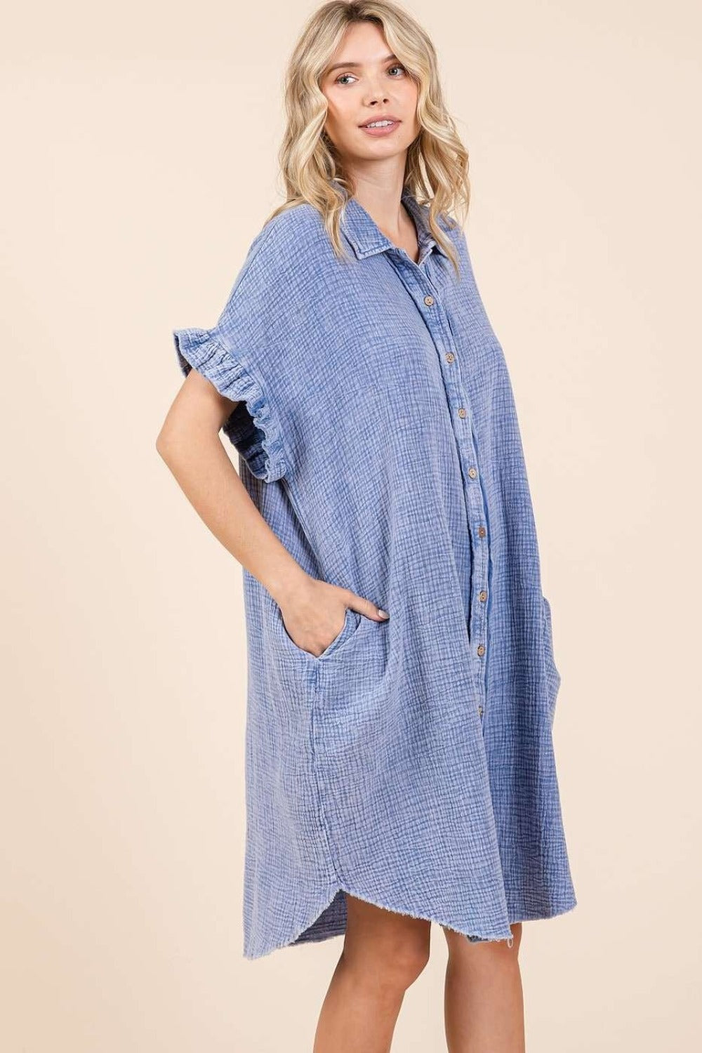 Mittoshop Blue Mineral Washed Cotton Gauze Mini Shirt Dress Trendsi