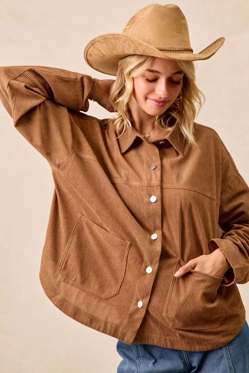 BiBi Camel Corduroy Relaxed Fit Shacket with Back Pleat