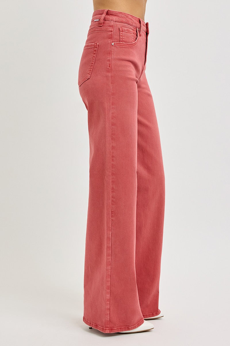 RISEN High Rise Tummy Control Wide Leg Jeans in Brick Trendsi