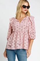 Umgee Ruffled Bow Print Tie Neck Peplum Blouse Blush Pink