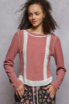 POL Contrast Round Neck Long Sleeve Ribbed Top with Eyelet Patch MAUVE PINK