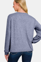 Zenana Light Navy Hacci Round Neck Long Sleeve T-Shirt Shirts & Tops