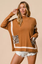 BiBi Camel Mock Neck Sweater with Leopard Pocket
