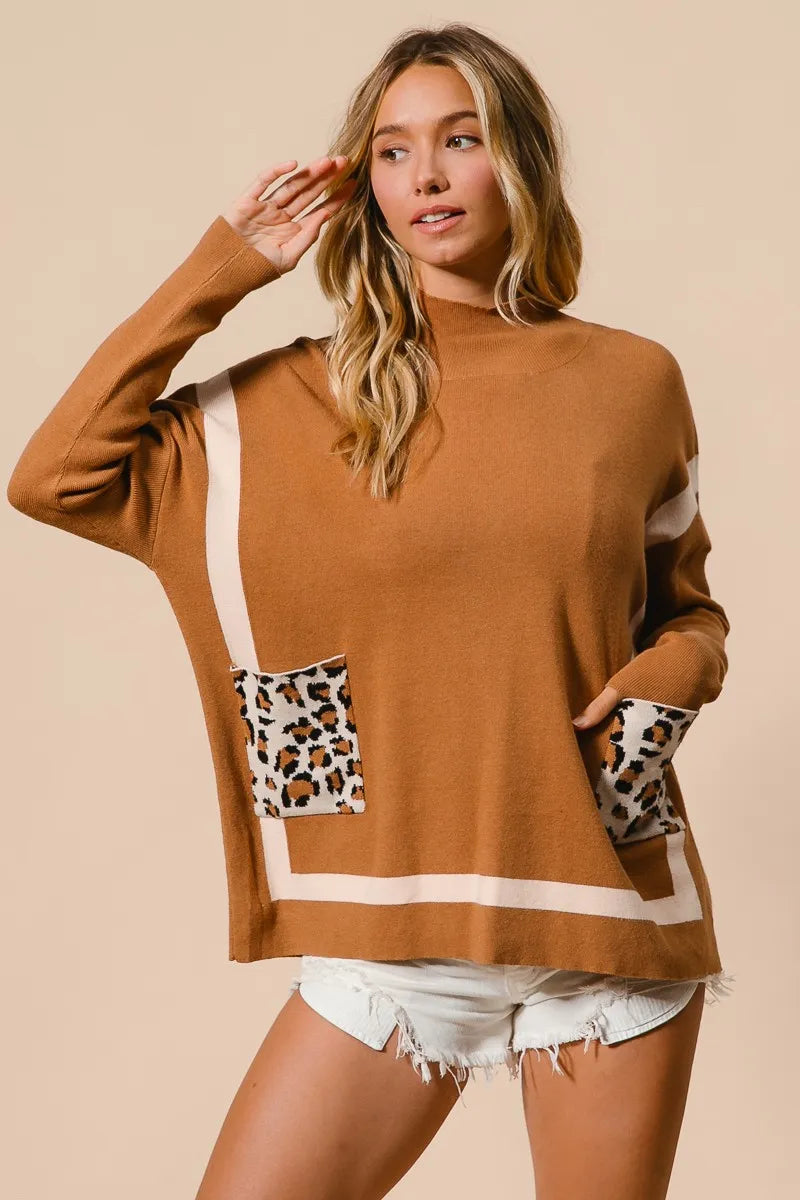 BiBi Camel Mock Neck Sweater with Leopard Pocket