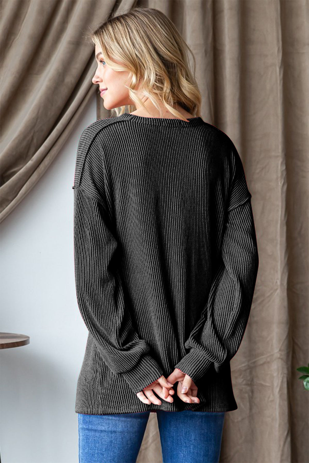 Heimish Charcoal Merry Ribbed Exposed Seam Long Sleeve T-Shirt Trendsi