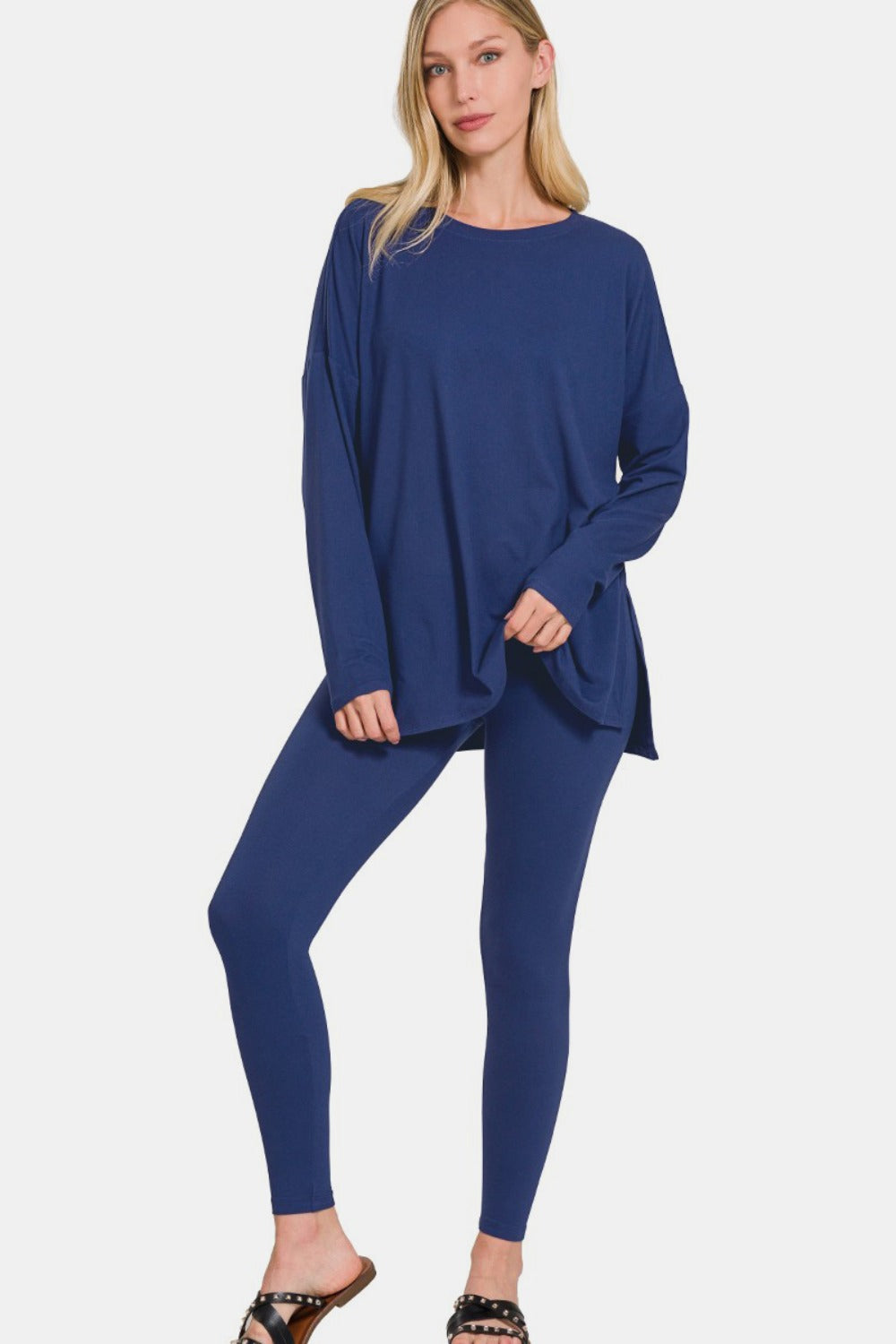 Zenana Navy Brushed Microfiber Top and Leggings Lounge Set Lt Navy Trendsi