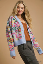 Umgee Light Blue Floral Knit Button-Up Cardigan