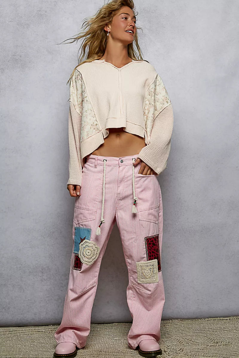 POL Blush Mix Thermal Floral Pattern Quilted Knit Cropped Top with Raw Edge Detail