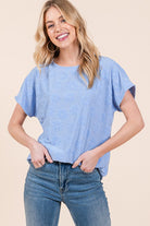 BOMBOM Light Blue Textured Floral Pattern Short Sleeve T-Shirt