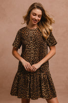 BiBi Tie Back Leopard Round Neck Short Sleeve Midi Dress