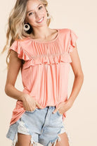 BiBi Jersey Knit Gathered Top with Ruffles CORAL