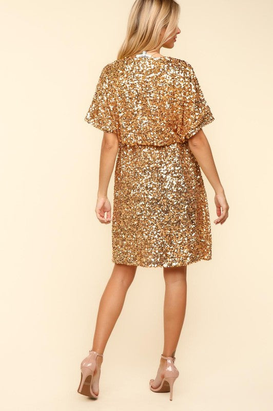 Haptics New Year Diva Dolman Gold Sequined Lined Babydoll Dress Dresses