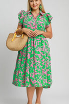 Umgee Emerald Mix Floral Collared Ruffle Cap Sleeve Midi Dress