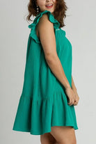 Umgee Jade Green Smocked Contrast Stitching Ruffle Cap Sleeve Round Neck Dress P