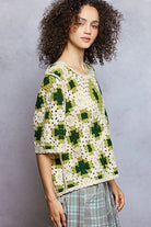 POL Olive Multi Round Neck Short Sleeve Color Pattern Crochet Top with Border Accents