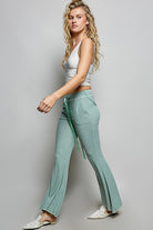 POL Pale Sage Drawstring Textured Ribbed Knit Pants
