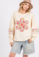 SAGE + FIG Blush Pink Daisy Patch Applique Long Sleeve Sweatshirt Cream