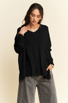 Davi & Dani Black Ribbed High-Low Side Slit Batwing Sleeve Top Black