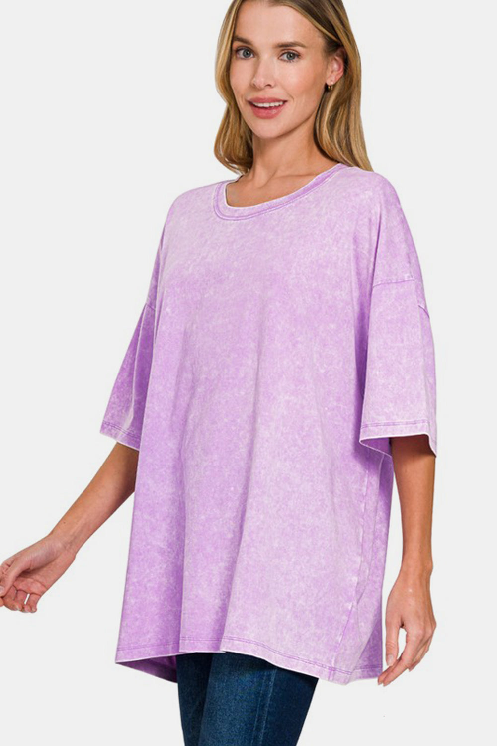 Zenana Pink Purple Acid Washed Boxy Fit Drop Shoulder Oversized T-Shirt Shirts & Tops