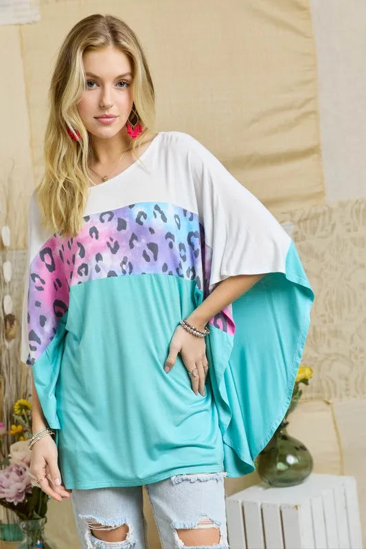 ADORA Colorblock Poncho Style Tunic Top