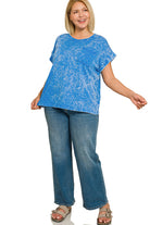 Zenana Ocean Blue Crinkle Washed Round Neck Folded Short Sleeve Tee