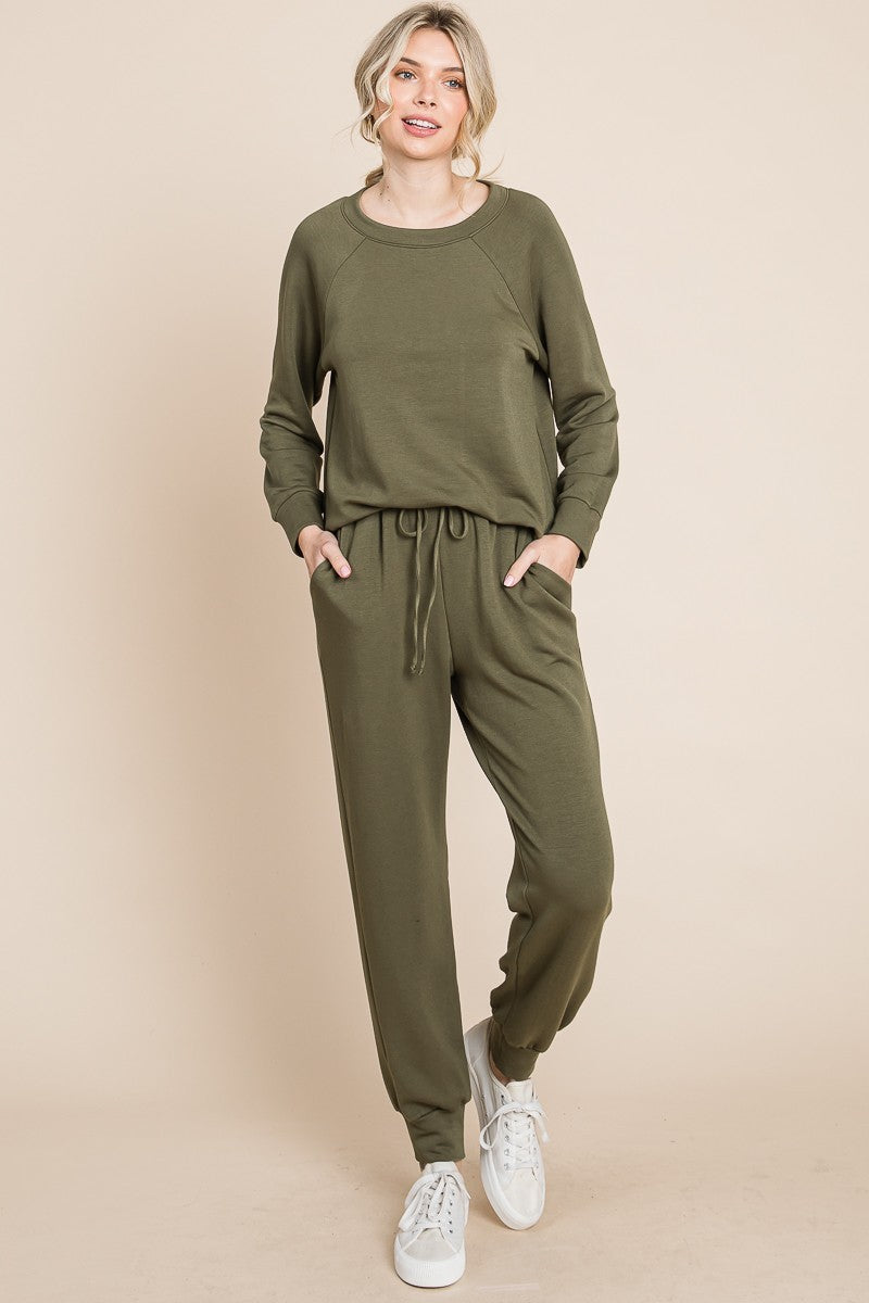 Super Lady Olive Fleece Round Neck Raglan Sleeve Top and Pants Lounge Set Trendsi