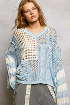 POL Sky Blue Color-Blocked Stripe Pattern Knit Top with Twisted Weave SKY BLUE