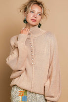 POL Pearl Detail Turtleneck Long Sleeve Sweater in Latte Trendsi