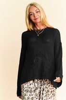 Davi & Dani Black Star Front Crochet Drop Shoulder Knit Top